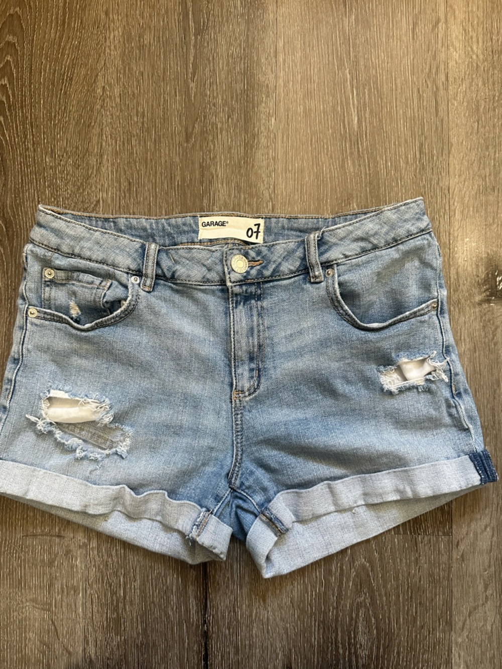 Garage Faded Blue Distressed Rolled-Hem Jean Shorts